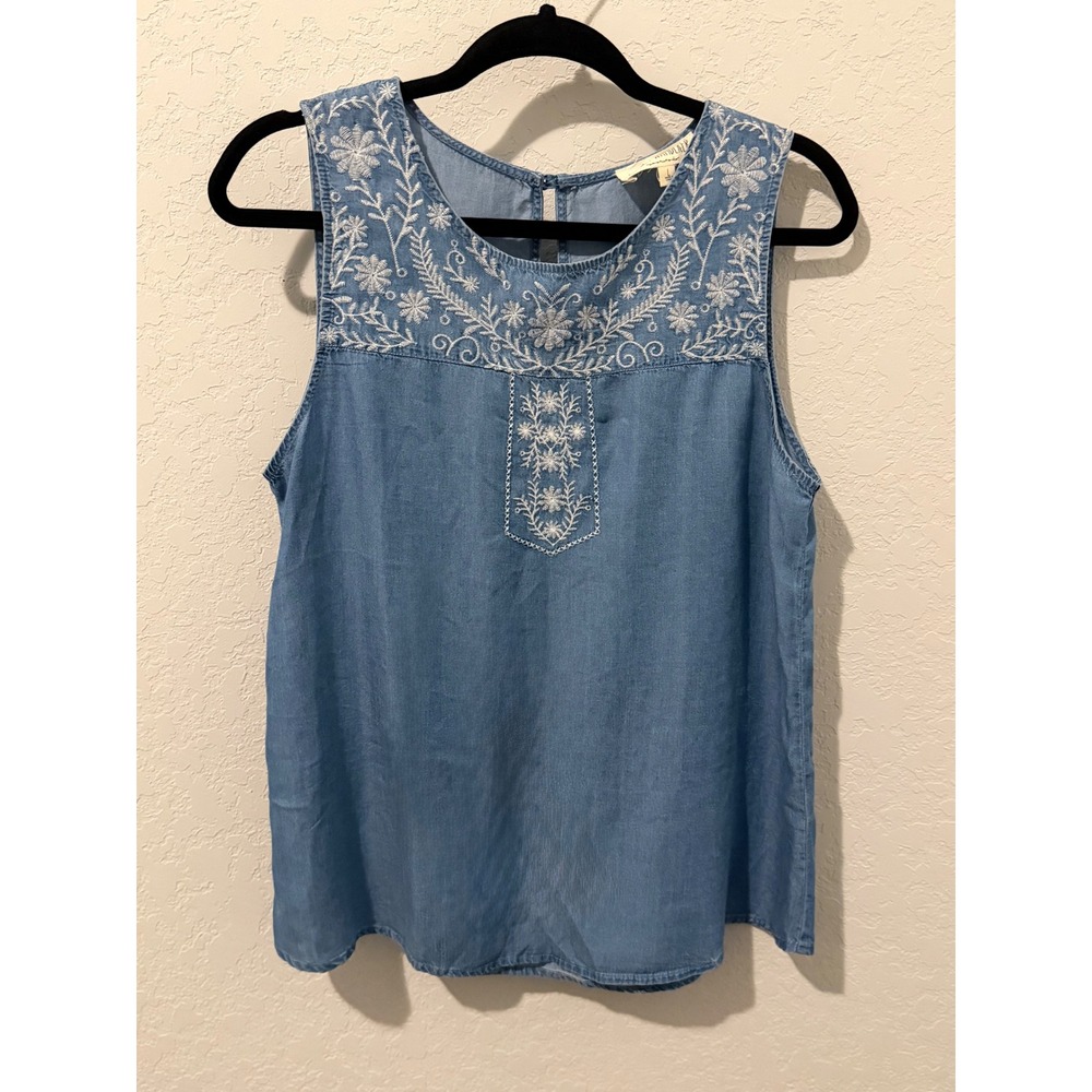 Sweet Wanderer Womens Embroidered Chambray Sleeveless Top Blue Floral Large